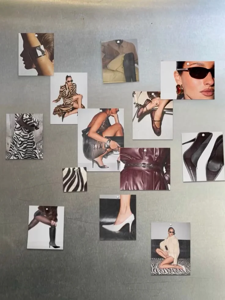 Mood board on a metal wall: magazine cut-outs of zebra prints, burgundy leather, sunglasses, pointed heels and gold jewellery